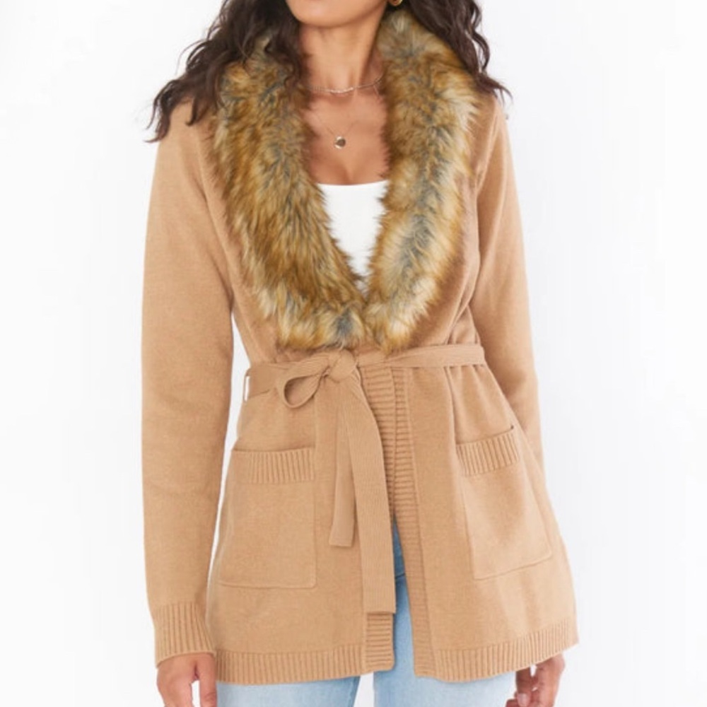 Show Me Your Mumu Cabin Cardigan Camel Knit with Faux Fur